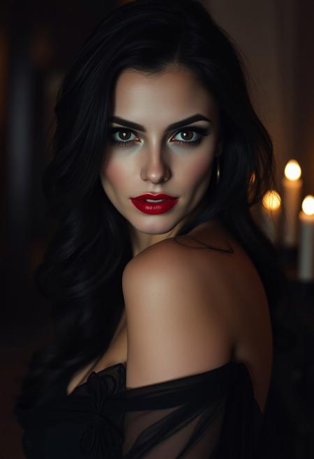 A captivating, 40-year-old Caucasian woman, her porcelain skin illuminated by the soft glow of candlelight. Her long, raven-black hair, styled in loose, seductive waves, frames a face adorned with a dramatic, smoky eye and a deep, blood-red lip. Her eyes, dark and mysterious, hold a knowing glint as they sweep across the room. She's draped in a sheer, flowing gown, its dark hue accentuating her pale skin. Her posture is languid, inviting, with a subtle curve of her spine and a tilt of her head. Her lips, slightly parted, hint at secrets and forbidden pleasures.