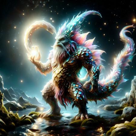a athletic woman,a mysterious man,Exotic Dancer,Gnome,Loch Ness Monster,The Heart of Gold, Altair Ibn-La'Ahad,on a quest through mythical lands,moonlight, (HD, masterpiece, best quality, hyper detailed, ultra detailed, super realistic),amazing,  , p1nk1r1sc4l3s, made out of iridescent scales, mad-wsps, made of mad-wsps, mad-nbla, xl_more_art-full_v1<lora:sdxl\PinkieIriSclsSDXL-v1.safetensors:1.0:1.0> <lora:sdxl\Wisps_of_Light_SDXL.safetensors:0.31:0.31> <lora:sdxl\Space_Nebula_Style_SDXL.safetensors:0.47000000000000003:0.47000000000000003> <lora:sdxl\xl_more_art-full_v1.safetensors:0.43:0.43>