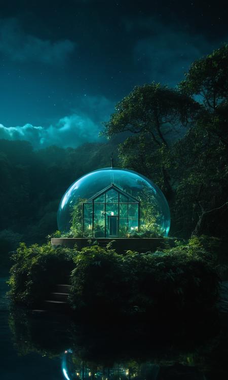 cinematic still By Night, Inspired By tolkien, modern transparent hobbit house floating island, amazing quality, masterpiece, best quality, hyper detailed, ultra detailed, UHD, dof, hyper-realism, majestic, awesome, inspiring, a small floating Island: an immense floating island adorned with transparent translucent Glass foliage, its vines cascading down to the ground below. Rising majestically from the luminous amber lush glass jungle that envelops an enchanted translucent green round design plastic mansion Adorned with a large Observation Installation glowing luminous blue from within. A translucent Fantasy prison designed By franco fontana, transcending into the black ethereal clouds. Infront of a translucent black eerie Galaxy nebula, cinematic composition, soft shadows, national geographic style, cozy light, cinematic lighting, volumetric lighting, Film grain, cinematic film still, shallow depth of field, highly detailed . emotional, harmonious, vignette, 4k epic detailed, shot on kodak, 35mm photo, sharp focus, high budget, cinemascope, moody, epic, gorgeous, film grain, grainy, By Night, Inspired By tolkien, modern transparent hobbit house floating island, amazing quality, masterpiece, best quality, hyper detailed, ultra detailed, UHD, dof, hyper-realism, majestic, awesome, inspiring, a small floating Island: an immense floating island adorned with transparent translucent Glass foliage, its vines cascading down to the ground below. Rising majestically from the luminous amber lush glass jungle that envelops an enchanted translucent green round design plastic mansion Adorned with a large Observation Installation glowing luminous blue from within. A translucent Fantasy prison designed By franco fontana, transcending into the black ethereal clouds. Infront of a translucent black eerie Galaxy nebula, cinematic composition, soft shadows, national geographic style, cozy light, cinematic lighting, volumetric lighting, Film grain, cinematic film still, shallow depth of field, highly detailed, rich deep colors, color, inspired, open fine detail, enhanced great original intricate complex elegant fantastic surreal epic incredible excellent directed perfect artistic, beautiful dynamic dramatic nice ambient wonderful atmosphere, spectacular professional, very inspirational, stunning, varied fascinating