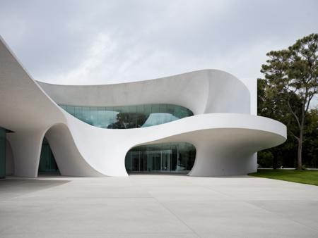 <lora:Arc_v5:0.6>, RAW photo, (masterpiece building from outside), frontal elevation, curvilinear, white sky, cinematic lighting, (diffused light:1), white concrete, contemporary brutalism style, architectural expressionism, fog, (warm interior light:1), (open plaza), architecture photography, hyper realistic, super detailed, 8k, Nikon Z6 Mirrorless Camera, film grain