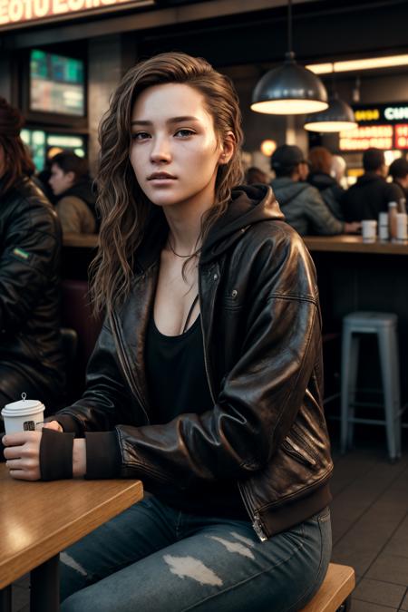 photorealistic highly detailed 8k photography, best street shot quality, volumetric lighting, plain clean earthy young woman, cyberpunk outfit, sitting in a busy crowded street diner, realistic skin and hair texture, shot with Canon EOS 5D Mark IV