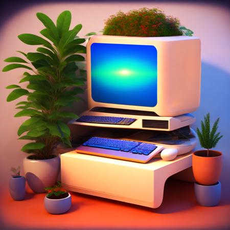 (ecocomputer style:1) a computer sitting on top of a table next to a potted plant <lora:djzEcoComputerV21_LoraBooth:1>