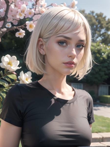 pretty 1girl, absurdres, 8k uhd, platinum blonde hair, bob cut, medium breasts, black tshirt, denim shorts, garden background, flowers, magnolias, apple tree, close up portrait