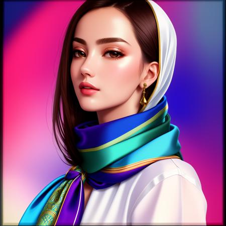 Masterpiece, High quality,  <lora:Silk_Scarf:0.65>, silk scarf, woman wearing a silk scarf, analog style, smmetric, centered, closeup, feminine, glossy