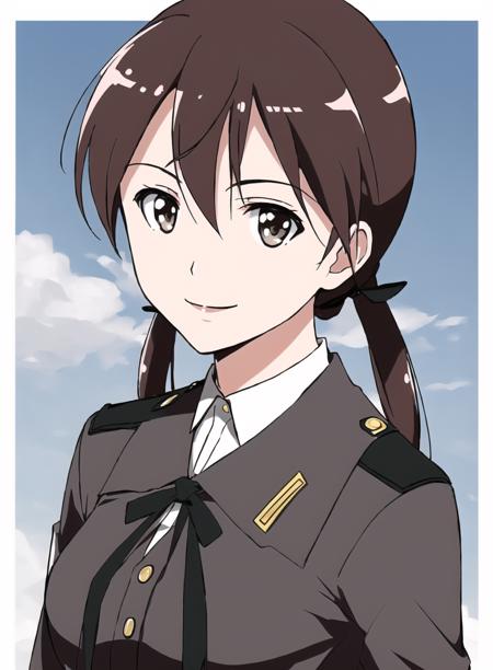 <lora:Trude0:0.85> Trude, 1girl, Solo, Uniform , portrait , upper body , smile , simple sky background with border , vivid colors ,