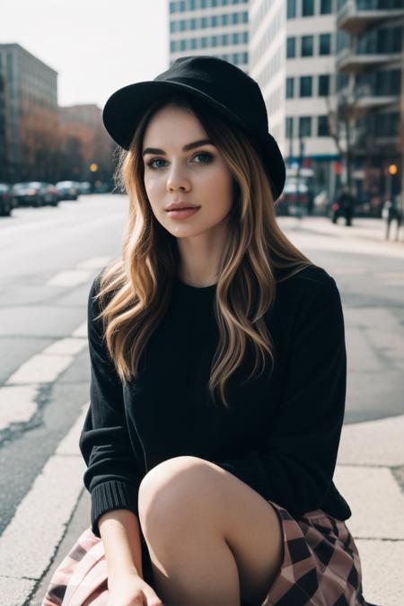 (best quality, masterpiece),<lora:misscoookiezv1:1>
Russian girl,  solo, long hair, looking at viewer, skirt, simple background, shirt, blone hair, long sleeves, hat, brown eyes, pleated skirt, black skirt, lips, head tilt, black shirt, black headwear, realistic,<lora:FilmVelvia2:0.35>
, 8k uhd, dslr, soft lighting, high quality, film grain, Fujifilm XT3