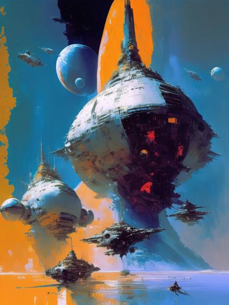 <lora:JohnBerkey:1>by John Berkey space station as imagined by John berkey, oil paining, colorful, large planet in background, epic lighting, epic composition , rule of thirds