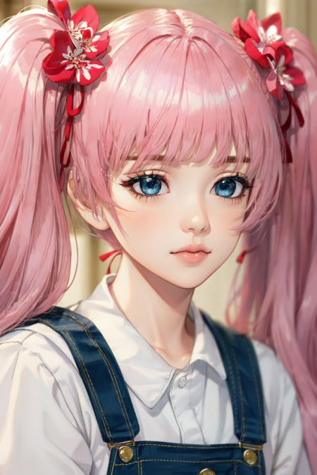 <lora:ballJointDoll_v10:.7> Ball Joint Doll, doll joints, 1girl, solo, pink hair, twintails, overalls, long hair, shirt, upper body, blurry, realistic, lips, white shirt, blue eyes, closed mouth, bangs, hair ornament, blurry background, depth of field, extreme light and shadow, dynamic angle