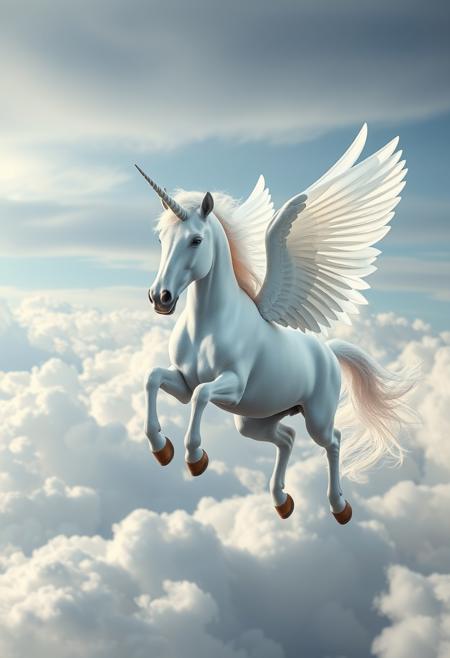 Photographically detailed ultra-realistic flying white unicorn with big white feather wings, background with clouds, dramatic light, 8k, HD