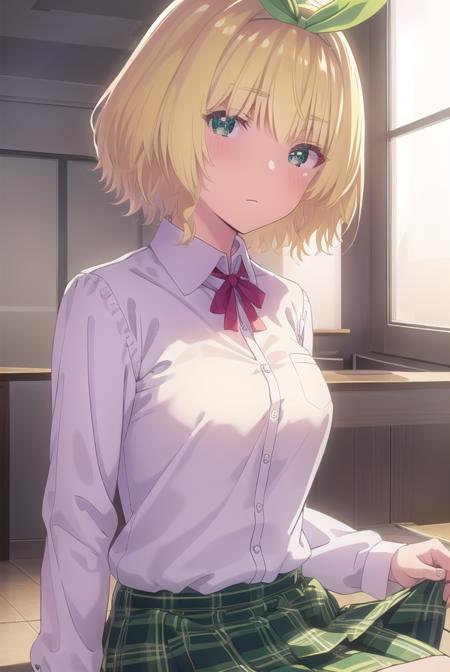 yuikakoga, <lora:yuika koga s1-lora-nochekaiser:1>,
yuika koga, short hair, blonde hair, (green eyes:1.3), hair ribbon, hairband, green ribbon,
BREAK skirt, shirt, school uniform, white shirt, plaid, plaid skirt, green skirt,
BREAK indoors, classroom,
BREAK looking at viewer,
BREAK <lyco:GoodHands-beta2:1>, (masterpiece:1.2), best quality, high resolution, unity 8k wallpaper, (illustration:0.8), (beautiful detailed eyes:1.6), extremely detailed face, perfect lighting, extremely detailed CG, (perfect hands, perfect anatomy),