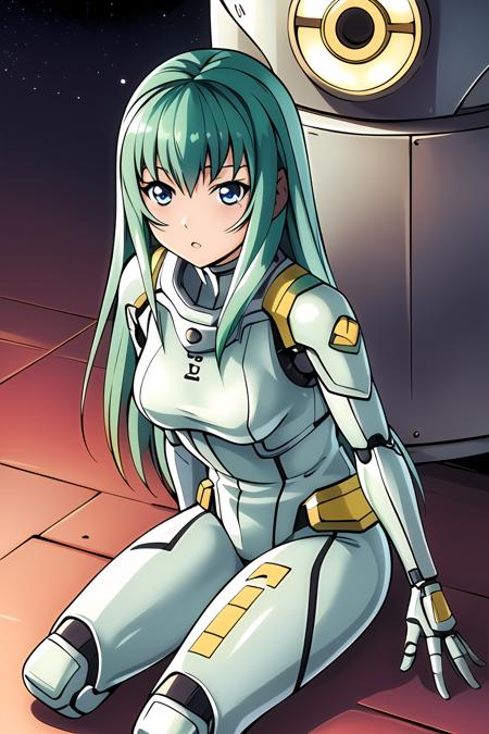 masterpiece, best quality, highly detailed, 1girl, alice carroll, long green hair, battlesuit, cyber armor with core, mechanical limbs, space, sitting, space station, futuristic, cute, red lighting, bright lights