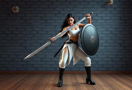 A powerful sexy Amazoness Swords Woman in a dynamic battle pose, wielding sword and shield, wearing a white tank top, pants, and black boots. Standing on a wooden floor against a gray brick wall. Cinematic matte painting, Splash Ink Illustration elements, Octane Render, Unreal Engine 5 render, trending on Artstation, CGSociety, Golden Ratio composition. 4k resolution, highly detailed face, eyes, and clothes, sharp lines, vibrant colors, impeccable composition, dramatic lighting.