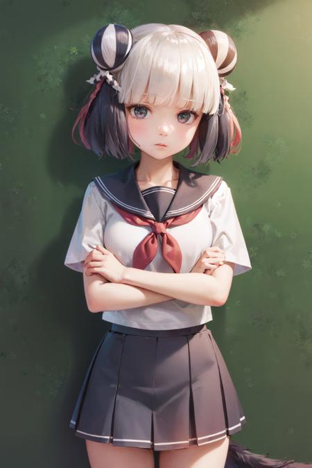 (masterpiece, best quality:1.2), <lora:pad_haku-12:1>, cowboy shot, solo, 1girl, haku, expressionless, closed mouth, looking at viewer, crossed arms, multicolored hair, double bun, twin braids, school uniform, serafuku, pleated skirt, tail