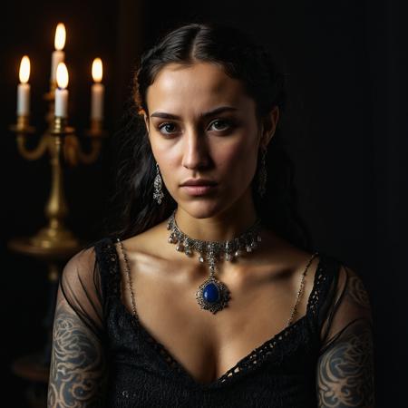 RAW full body analogue photo of a beautiful 20 years old woman, clear focus, 8K,__Random_Woman__,Gothic Mystic: Mystical tattoos, gothic rings, crystal necklaces, deep gaze, dramatic makeup, mystic attire, boots, multiple piercings, wavy, dark robes. ,low light, soft natural light, Rembrandt style light, Hasselblad DLSR camera, 200mm Zeiss lens, f/2.8, ,Sexy pose, erotic pose, exhibitionism