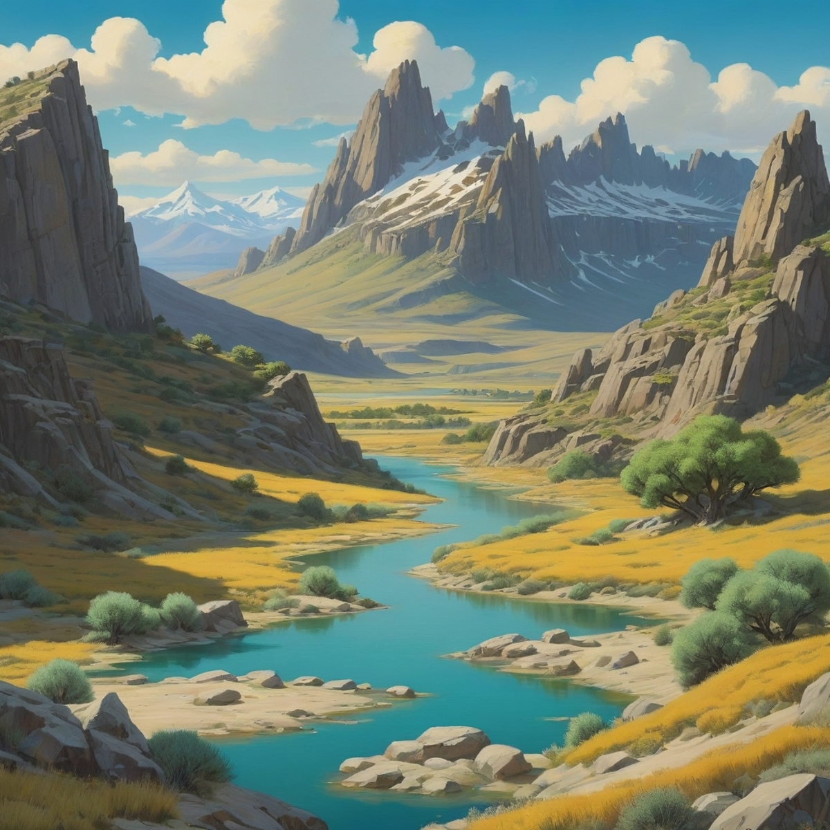 A Painting of a River Flowing Through a Mountainous Landscape