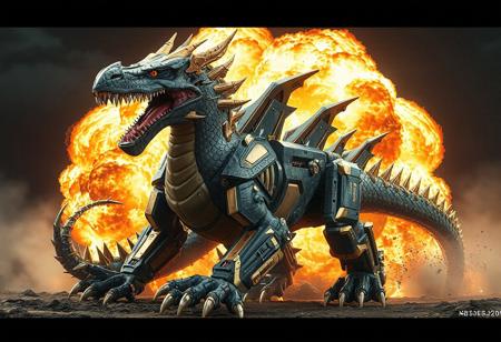 "Imagine a majestic, mecha-anthropomorphic Tyrant Dragon dinosaur from a grey and gold Jurassic World, inspired by Gatōken Shunshi and resembling a lion. Picture it in a full-body sarcastic pose, headless with a locked and loaded attitude amidst a grand explosion. This awe-inspiring live-action adaptation, available on eBay, showcases intricate details, vibrant colors, and dynamic composition, integrating elements of patreon, mecha, and glorious design. Envision it as a high-resolution, 4K artwork with stunning colors, sharp lines, and harmonious aesthetics. This unique piece, reminiscent of works by Peter Mohrbacher, Wadim Kashin, Greg Rutkowski, and other renowned artists, would make an exceptional addition to any art aficionado's collection. Trending on ArtStation and CGSociety, this 16K masterpiece, created with Octane Render and Unreal Engine 5, delivers an unforgettable visual experience."