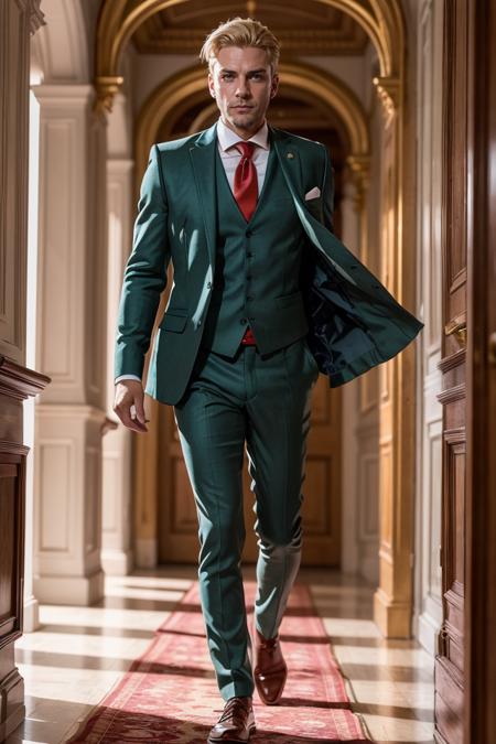 1man, upper body, loidforger man with  light green three-piece suit with a red tie run in corridor palace germany, blonde, blurry background, dramatic, dynamic pose, spy x family, secret agent, bokeh, <lora:ARWLoidForger:1>