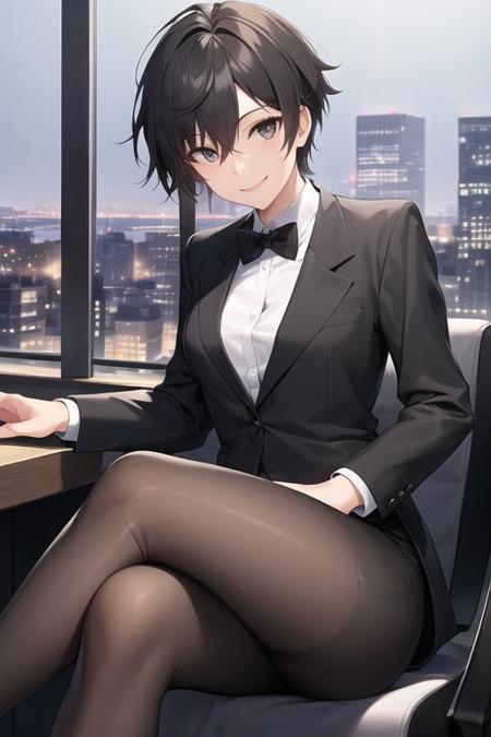 ((best quality)), ((tomboy)) wearing a tuxedo, cityscape, sitting in chair, night, pixie cut, small breasts, black pants, crossed legs, smile, solo, Beautiful Lighting