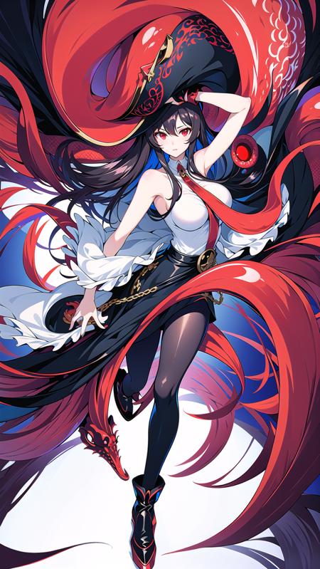 masterpiece, best quality,royalfortune(azur lane), 1girl, red eyes, tentacles, torn clothes, pantyhose, breasts, black hair, red skirt, book, jacket, solo, skirt, black jacket, torn pantyhose, boots, sleeveless, white shirt, shirt, long hair, standing, looking at viewer, hat, open clothes, bare shoulders, black pantyhose, full body, black headwear, belt, open jacket, off shoulder, high heels, pirate hat, <lora:RoyalFortune-000007:0.8>  <lora:GoodHands-vanilla:1>, scenery, background,