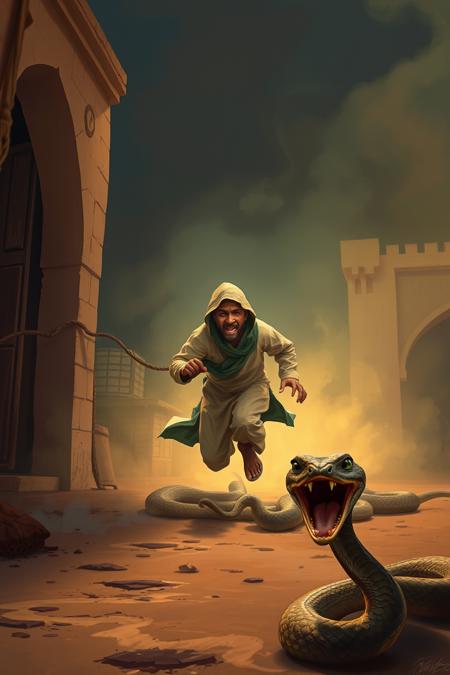 illustration of a scared Moroccan snake charmer running away, followed by an angry snake, fantasy art, cinematic, highly detailed, soft light, exotic background,