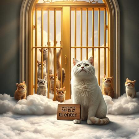Ultra realistic. heaven, floor made with clouds, big golden barred door, many beautiful cute cats playing behind the door, a cat with beard and a beautiful white shining tunica,  a sign on the front of the door with the text "pay buzz to enter"