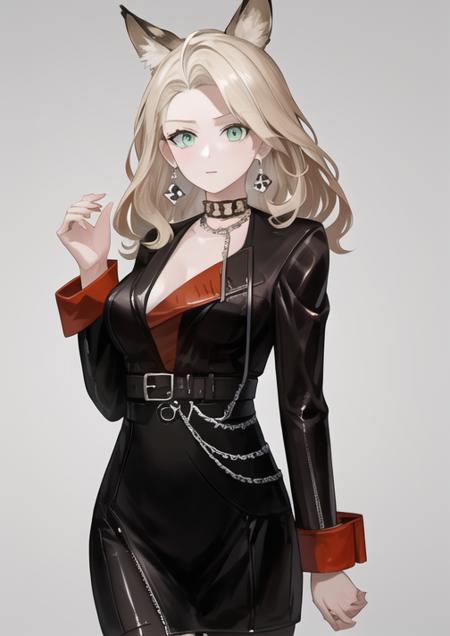 giovanna, one piece dress,  chain, pantyhose, black jacket, open clothes, jewerly,  red suit cuffs