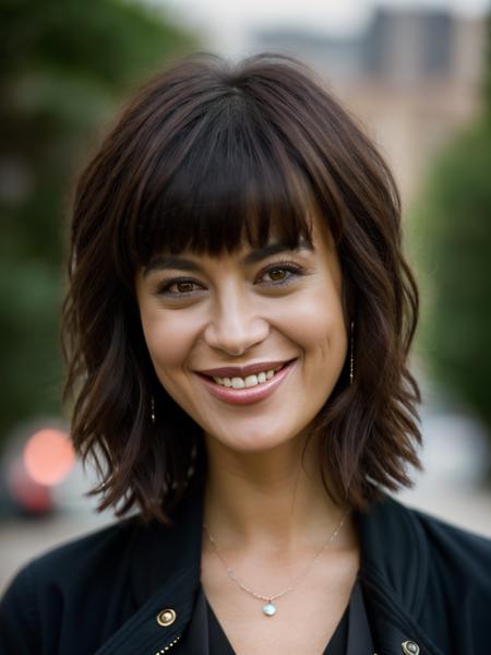 Realistic photo of a beautiful c4th3r1n3b woman,1girl,solo,looking at viewer,smile,short hair,bangs,black hair,brown eyes,jewelry,jacket,earrings,teeth,grin,blurry,lips,black jacket,blurry background,portrait,realistic, soft lighting, professional Photography, Photorealistic, detailed, RAW, analog, sharp focus, 8k, HD, high quality, masterpiece<lora:c4th3r1n3b:1.0>