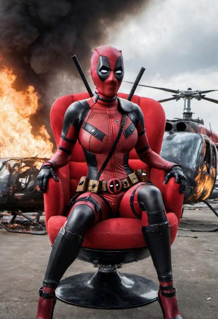 hyperrealistic art (((busty girl deadpool sit on red chair in front of burning helicopter, chaos))), ((reflections, exploding buildings, storm, wet)), slim body, (huge breasts), (breasts bursting out of costume), (full mask, full costume with cleavage cut away), extremely high-resolution details, photographic, realism pushed to extreme, fine texture, incredibly lifelike, huge tits