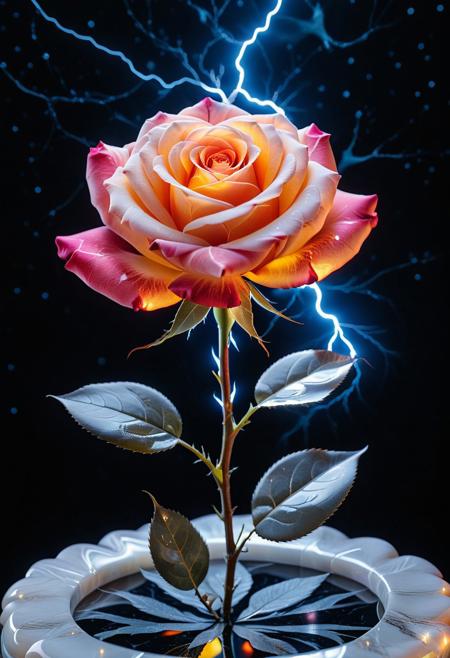 8K analog photo, A single rose flower, rose whole made of glowing lightning Liquid Marble, glossy, shimmer with magic and mystery, glow, eerie, close up, starry, minimalist, deep rich colors,