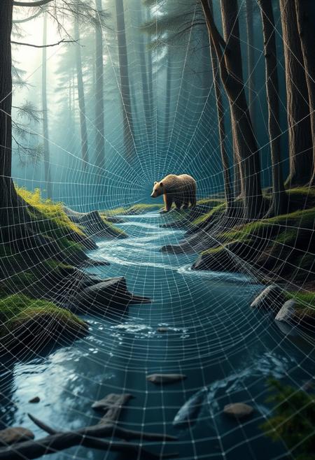 "Create a photorealistic image of a painting made entirely from spider web, depicting a serene forest scene. The web should be intricately woven to create a flowing creek, with delicate threads forming the gentle ripples of the water. The surrounding forest should be rendered in exquisite detail, with web threads forming the trunks and branches of the trees. A majestic bear should be visible in the distance, its fur and features created from the subtle texture and pattern of the web. The overall effect should be one of breathtaking, ethereal beauty, as if the spider web has come to life to create a peaceful, idyllic scene. The image should be rendered in high detail, with visible texture and shading that adds to the sense of realism." Highest-Quality, 4k, intricate details, visually stunning, Masterpiece