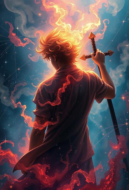 Back view, a mystical anime warrior dissolving into ethereal, shimmering mist, iridescent cosmic paint, swirling with the power of the subject, illuminated by celestial starlight, inspired by the Peter Blake, an overall view, looking at the camera, microscopy, with a celestial scene as the background.