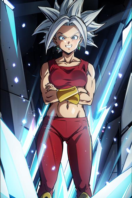 kefladb, 1girl, cowboy shot, solo, breasts, looking at viewer, smile, large breasts, navel, potara earrings, red tight pants, midriff, tight pants, grin, crop top, grey eyes, muscular, crossed arms, red crop top, spiked hair, aura, ultra instinct, white hair, yellow armwear, yellow footwear, white aura, v-shaped eyebrows, teeth, standing, sleeveless, pupils, glowing aura, from below, eyelashes, white eyebrows, bracer, boots, collarbone
 <lora:kefla:0.8>