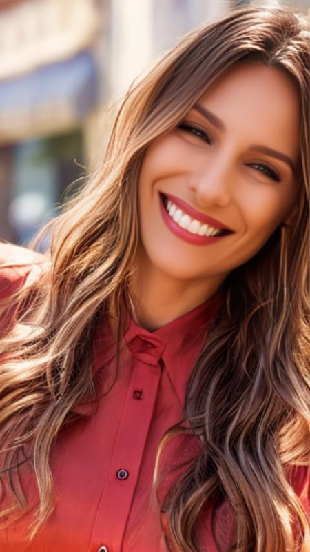 portrait of woman (pampita:1) smiling, in the street, high detailed face, 4k, 8k, <lora:pampita:1>