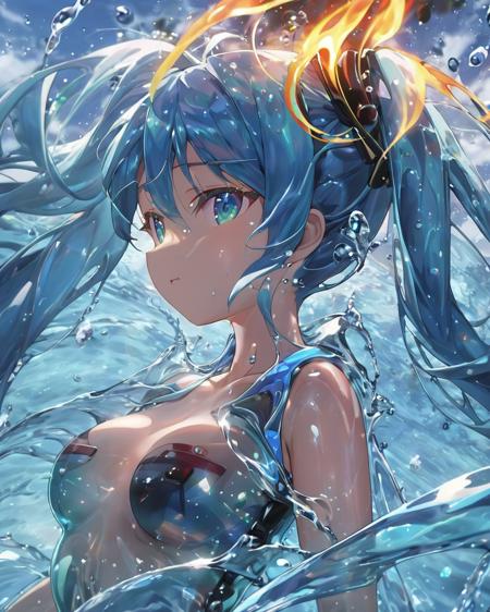 watermiku, A Hatsune Miku whose body is made of water, romanticized realism, surrounded by a lot of water, cartooncore, 1girl, solo, hatsune miku, hair made of water, breasts, bangs, twintails, medium breasts, upper body, water, from side, aqua eyes, water drop, liquid hair,
body edge light,depth of field,(dark flame:1.3),burn circle,((clear and heavy)),((burn the sky, vortex of fire, fire magic:1.5)), hand of fire,((melt and mix:1.8)), ((flame and burning:1.3)),black fog,wind,((( fusion of flame and hair:1.3))),weightlessness,eddy, (burn eddy effect:1.5),(round flame background:1.5),(round frame:1.4),(huge halo:1.4),(flame blast:1.3),
<lora:watermikuV13_SDXL_lora-000010:0.7>