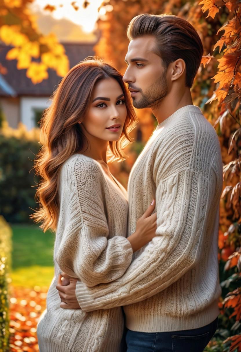 photo of        -10000 beautiful couple in love , hair,seductive   ,garden, Autumn,   long sweater   ,    , masterpiece) (best quality) (detailed) (8k) (HDR) (wallpaper) (cinematic lighting) (sharp focus) (intricate)