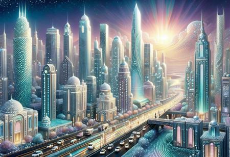 Concept: Pearlum, city, metropolis, opalescence, splendor, imagination, divine, texture, magic, architecture.
Core Elements: cityscape, buildings, streets, vehicles, shimmering surfaces, opalescent glow, ethereal light.
Atmosphere/Mood: majestic, divine, mystical, serene, awe-inspiring, ethereal, vibrant, futuristic.
Setting Details: vast city, structures shimmer with opalescent light. Buildings, roads, vehicles infused with pearlescent sheen. No human presence.
Central Figure Details: city. Skyscrapers, bridges, transportation systems. Every surface alive with shifting opalescent colors, like solidified liquid pearls. Roads reflect light. Vehicles glide, glowing softly. Embodies splendor, imagination, magical opalescence, revolutionizing texture, a divine metropolis.
Lighting: soft, ethereal light, reflecting off opalescent surfaces. Shimmering glows from buildings, vehicles. Emphasizes shifting colors, divine presence.
Composition: landscape, sweeping city view, high angle. Focus on architectural grandeur, pearlescent glow.
Color Palette: dominant iridescent whites, creams, soft blues, pinks, purples from opalescence. Accents of deep golds, silvers. Luminous glows. Ethereal, harmonious, fantastical.
Quality: Pearlum, photorealistic, ultra detailed, magical realism, enchanting atmosphere, visually striking, hyperrealistic, fantasy, city.