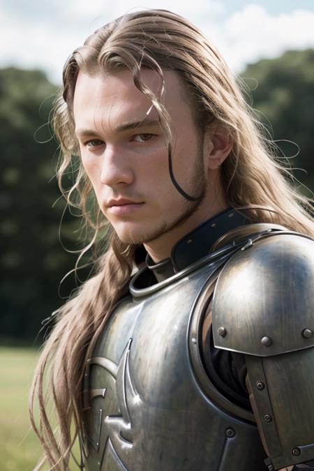 close up of a man in metal knights armor, <lora:h34thl3dg3r:1>, long blonde hair, RAW, 8K, UHD, far away land, cinematic lighting, bright and perfect day