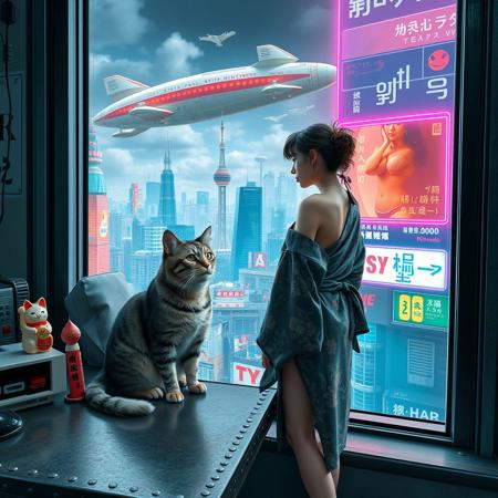 Grey tabby cat with green blue eyes sits on a cluttered metal riveted desk next to a maneki neko statue and a small Nintendo , the cat is looking out to a floor to ceiling window that looks out over a futuristic cyberpunk Tokyo skyline with skyscrapers, holographic advertisements, futuristic airships covered with lights and advertisements in Japanese, a space elevator, (((a tall thin beautiful young woman, 22 years old, is standing next to the cat looking out at the city through the window))), The woman is dressed in an ornate Japanese style bath robe, exposing some cleavage and her lower legs.  The woman's hair is messy from just waking up and tied up with a ribbon. Artistic cyberpunk, dynamic perspective, a translucent neon projection of a strip club bar advertisement displaying a partially dressed woman is visible on a nearby building,