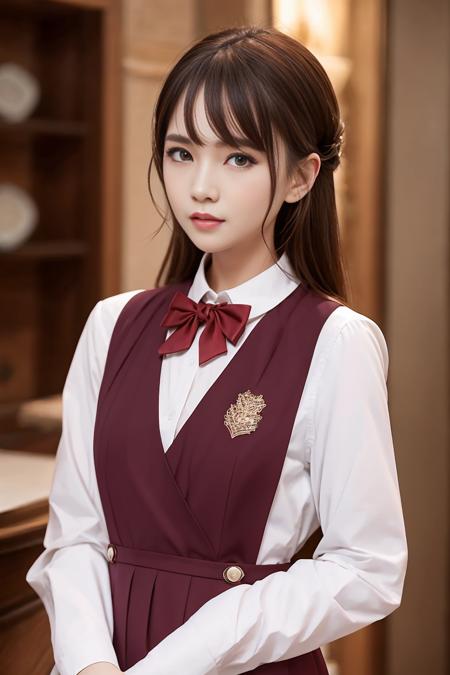 1girl, solo, fair skin, parted lips, half length, 8k, ultra high res, ultra detailed, best quality, looking at viewer, perfect lighting, flat light, ultra high quality, ultra high res, masterpiece, photorealistic, detailed face, perfect anatomy, red vest, school uniform, night time setting, JKvskt,  <lora:JKvestskirtLora_v2:0.8>