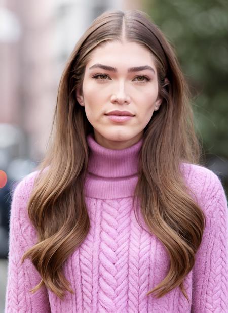 job interview, transgender+, makeup++, <vsampaio> wearing pink turtleneck, brunette hair, upper body shot