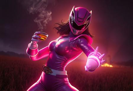 A woman Pink Power Ranger, dynamic pose, action-ready, volumetric form, luminescent glow, sipping tea, cigar smoke, field at night, distant fire, creepy background, James Jean style, rich colors, high contrast, gloomy atmosphere, trending on Artstation, Behance, Unreal Engine, 4K HD, fine detail.