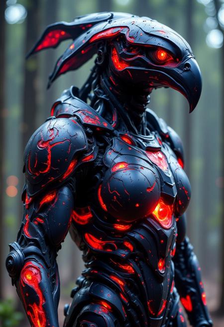 bujutsu stork in future armor, photorealistic, intricate, high detailed, cinematic lighting, octane render, abstract, ((uniform light background, matte background:1.4)), black, blue, red