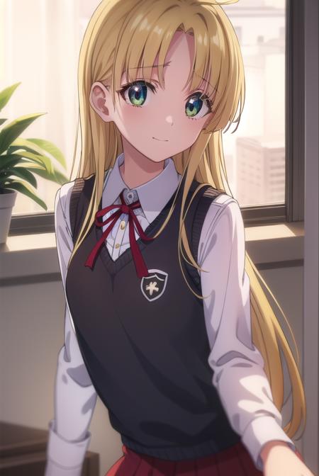 asiaargento, <lora:asia argento anime s1-lora-nochekaiser:1>,
asia argento, long hair, blonde hair, (green eyes:1.3), (parted bangs:1.5), ahoge, smile, (small breasts:1.2),
BREAK skirt, shirt, long sleeves, ribbon, school uniform, pleated skirt, vest, red skirt, sweater vest,
BREAK indoors, classroom,
BREAK looking at viewer, (cowboy shot:1.5),
BREAK <lyco:GoodHands-beta2:1>, (masterpiece:1.2), best quality, high resolution, unity 8k wallpaper, (illustration:0.8), (beautiful detailed eyes:1.6), extremely detailed face, perfect lighting, extremely detailed CG, (perfect hands, perfect anatomy),