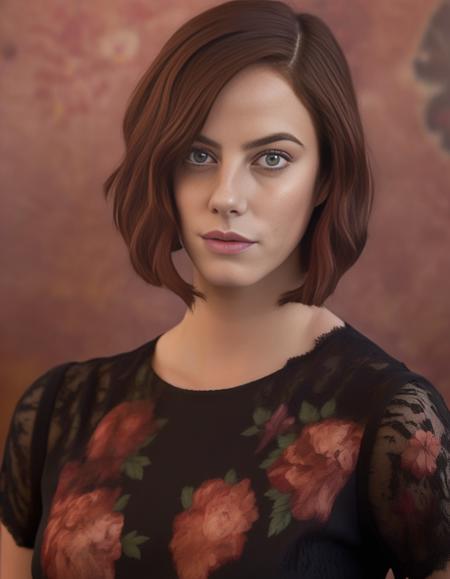 KayaScodelario,<lora:KayaScodelarioSDXL:1>,An image of a woman with a side-parted, wavy burgundy bob haircut and brown eyes. Her fair skin is complemented with natural makeup. She wears a black lace top with a floral design over a rust-colored garment. The setting is a soft-focus urban backdrop, suggesting depth and atmosphere behind her. (((masterpiece)))