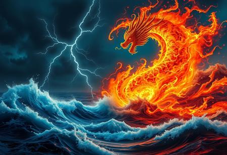 best quality, 4K,, 8k UHD, ultra-high resolution, ultra-high definition, highres, highly intricate and detailed digital art, absurd resolution BREAK, swirling vortex, fire and water theme, a dragon of fire and a dragon of water, seascape over stormy raging seas at night, a hurricane of swirling fire and water, smoke and steam, spiraling waves of water rising to meet fiery lightning bolts, madness, fractal geometry throughout image,