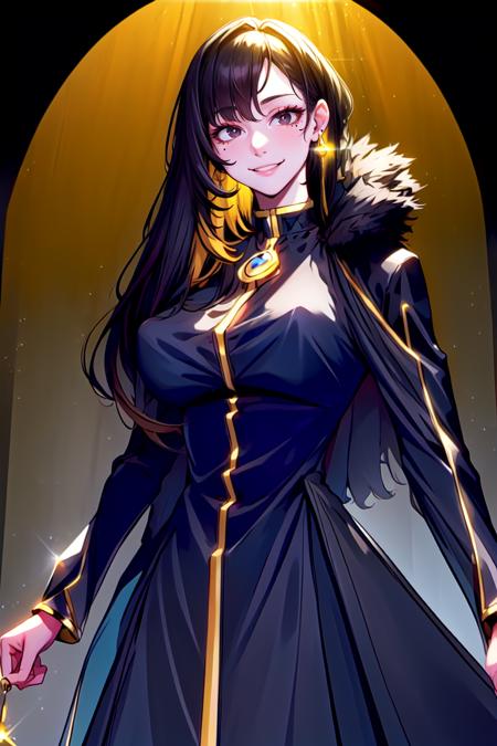 arbiter,  smile,  closed mouth,  1girl,  solo,  mole under eye,  black hair,  earrings,  jewelry,  long hair,  dress,  looking at viewer,  indoors,  library,  multicolored hair,  breasts,  black eyes,  blonde hair,  black dress,  simple background,  long sleeves,  bangs,  large breasts,  fur trim,  cowboy shot,  two-tone hair,  masterpiece,  award winning,  dress,  looking at viewer,  1girl,  best quality,  reflective skin,  reflective hair,  highres,  best quality,  solo,<lora:EMS-265404-EMS:1.500000>,<lora:EMS-250146-EMS:1.000000>