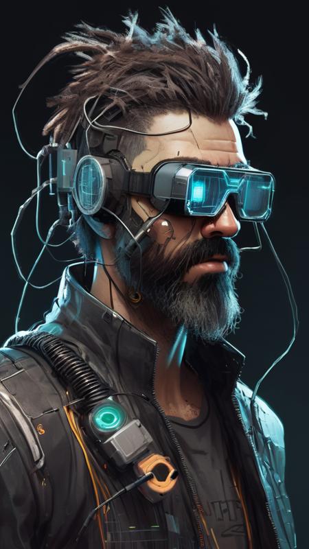 concept art style,gritty cyberpunk character with rectangular electronic goggles, a scruffy stubbly beard, wires 
connected to electronic implants on his face, head and cybernetic body