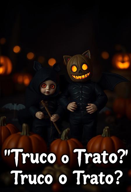 perfecteyes,night, dark atmosphere, Halloween,Halloween momia 
 tiny costumes,pumpkins,antro bat,bat, man,candy, text '' Truco o Trato''? ,creepy font