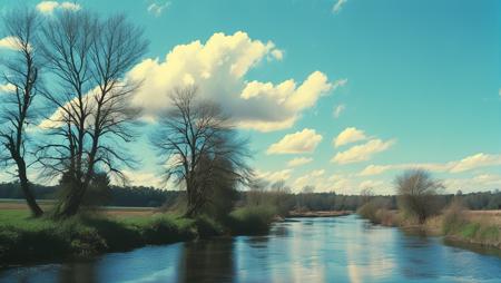 (landscape of a river and trees in the distance with a blue sky in the background and a few clouds in the sky, cinematic movie footage vhs movie, high contrast)<lora:MJ52:1.0>