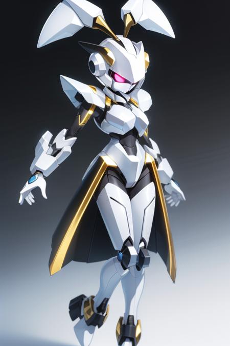 A solo white and black Medabot with gold trim with no mouth and glowing eyes and long hair high ponytail, high detail, simple background, <lora:MedabotLoraV1TrainedTest:1>